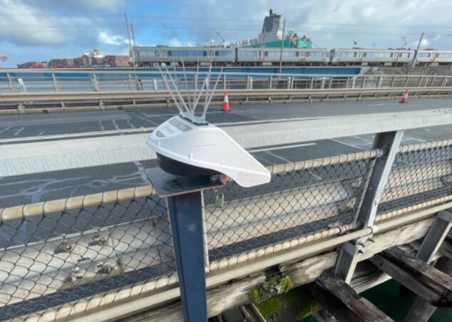 Locator One device mounted on the historic Fremantle Bridge for continuous bridge monitoring during nearby construction, capturing precise positional and height movements.